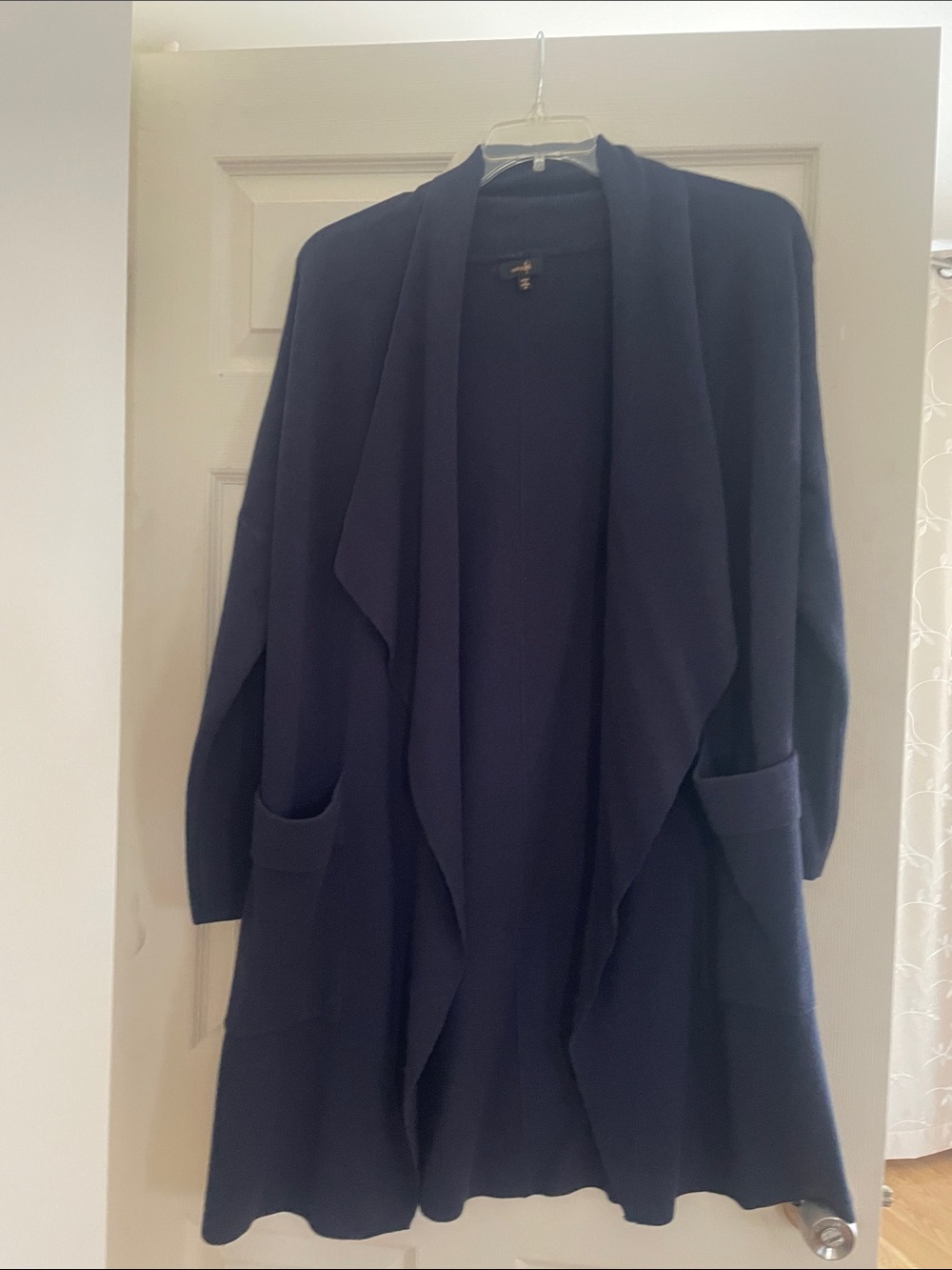 Navy Open-Front Draped Cardigan with Pockets
